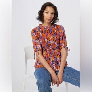 Vero Moda Multicolor Floral Peplum Smocked Top Ruffle Tie Sleeve Keyhole Back